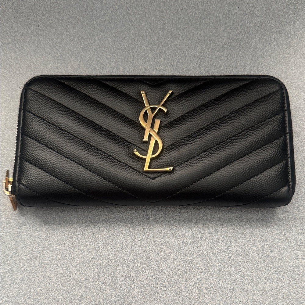 Yves Saint Laurent Black Chevron Wallet with Gold Logo
